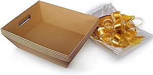 (5pk) Large Baskets For Gifts Empty, Tray For Gifting, Storage 10x12” Sturdy Cardboard Tray With Handles, 5 Cellophane Gift Bags And 5 Gold Pull Bows For Gifting
