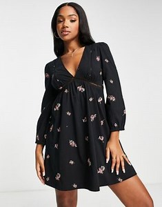 ASOS DESIGN long sleeve mini dress with ladder trim detail and floral embroidery in black | ASOS