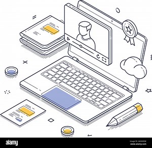 Detailed isometric line art depicts an online education setting featuring a laptop displaying a video lesson. Modern vector illustration Stock Vector Image & Art - Alamy