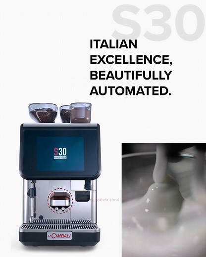ITALIAN EXCELLENCE, BEAUTIFULLY AUTOMATED. With S30 you can enrich your menu with recipes based on cold frothed milk. Thanks to HQ Milk technology, you will have an excellent milk foam consistency. Discover it now https://bit.ly/FullyAutomaticMachineS30-4 | Cimbali