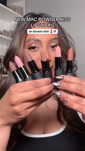 Thivi B on Instagram: "Trying the new @maccosmetics powder kiss lipsticks! 💋🤎 Lipsticks: Girls Weekend (lip liner MAC root for me) Be My Bridesmaid (lip liner MAC root for me) Taken (lip liner Abh malt) Turn to the Left Chestnut Good for You #mac #maclipstick #powderkiss #browngirlmakeup #brownskin"