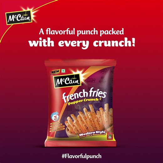Get ready for a flavor explosion in every bite! McCain’s new French Fries Pepper Crunch pack a flavorful punch that will leave you craving more. Made with real potatoes and a zesty pepper seasoning, these fries are the perfect snack to satisfy your taste buds. Try the #FlavorfulPunch today. #McCainSnacks #McCainFoods #TastySnacks #McCainTastyFunAgain #NewLaunch #FlavorExplosion #FlavorfulPunch #TGIF #PepperCrunch | McCain Foods India