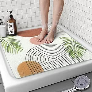 Square Shower Mat, 24 x 24 Inch Non Slip Bohemia Shower Stall Mat, Quick-Dry PVC Loofah Bath Mat for Shower Tub Bathroom