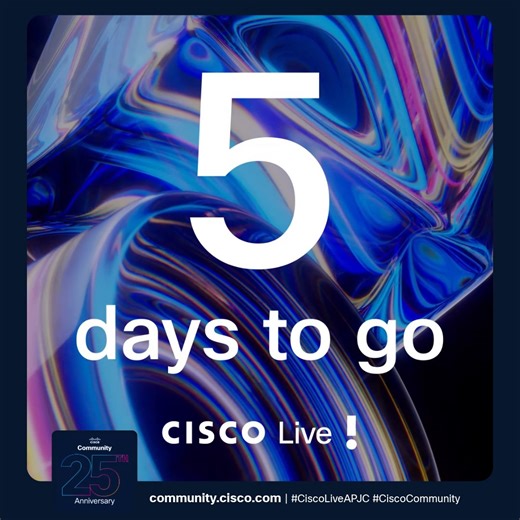 ⏰ We're thrilled to be celebrating our 25th anniversary milestone with YOU in just 5 days! 🥂📸🎁 We ARE #CiscoCommunity! 🤩 📍 Visit us at #CiscoInsider Central @ World of Solutions: https://community.cisco.com/t5/cisco-live-event-blogs/community-cisco-live-2025-melbourne/ba-p/5336630 #CiscoCX #CiscoCommunity25 | Cisco Community