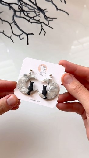 I had this idea💡 for the cat silhouette clay cutter to fit perfectly in our crescent moon cutter! I am actually obsessed with the finished earrings 🥹 It’s LUCY ON A MOON! 🌙🐈‍⬛ ps this is the only resin I use on lighter colored clay, because it won’t yellow! It’s from @sanaaa.resin . I linked the exact bottle in my amazon store, because they have a few different ones (link is in my bio) ❤️ | Roclayco