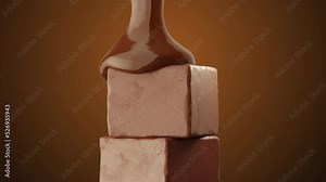 Extreme Closeup slow motion Chocolate pouring on chocolate cube. Motion texture concept for food and drink concept idea. 4K animation. Selective focus.