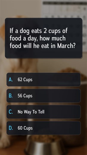 If a dog eats 2 cups of food a day, how much food will he eat in March? | Trivia Gold