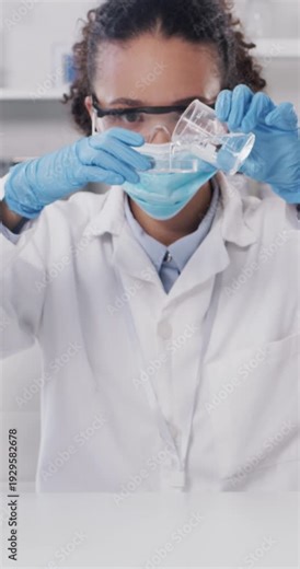 Science, woman and experiment in lab with beaker, petri dish and microscope for medical research. Scientist, person and equipment in clinic with liquid, PPE and biotech for healthcare investigation.