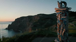 Ultra-Realistic Cinematic Time-Lapse in Ultra HD of Recycled Material Sculpture Under Dawn Light on Coastal Cliff for World Environment Day 2025 Plastic Pollution Documentary