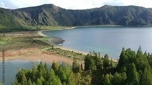Aerial drone footage of Lagoa do Fogo, a breathtaking volcanic crater lake in São Miguel, Azores