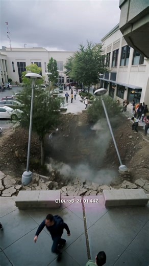 A fixed CCTV camera mounted high on a shopping mall corner captures the shocking moment an ordinary afternoon turns into chaos. As a powerful earthquake shakes the busy public plaza, the ground suddenly splits apart, forming a massive sinkhole that swallows cars, trees, and lampposts in seconds. People flee in panic as dust and debris fill the air, while the timestamp flickers through static interference. The realistic motion physics, grainy texture, and authentic CCTV distortion make this simul