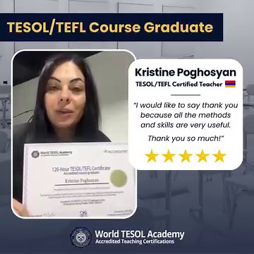 🎓 Kristine Poghosyan - TESOL/TEFL course graduate from Armenia 🇦🇲 Congratulations and well done on completing your 120-hour TESOL/TEFL course and becoming certified, Kristine! 🎉 The team at World TESOL Academy wishes you the best of luck on your teaching journey! 💬 Kristine Poghosyan: “I would like to say thank you because all the methods and skills are very useful. Thank you so much!” 📚 Ready to launch your professional English teaching career? Our accredited 120-hour TESOL/TEFL course wi