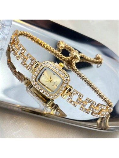 1pc Women's Square Shaped Gold Case Rhinestone Decor Watch With Diamond Studded Dial, Hip Hop Style Quartz Wristwatch With Adjustable Strap As A Gift For Students Returning To School | SHEIN
