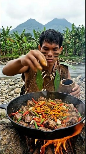Wild Forest Cooking – Spicy Meat Stir Fry on Fire