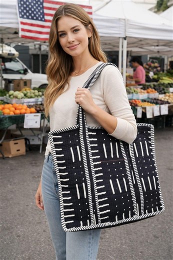 Black Quilted Tote Bag for Women, Handmade Cotton Shoulder Bag, Large Mudcloth Style Market Bag, Boho Everyday Carry, Reusable Shopping Tote - Etsy