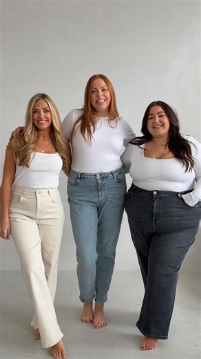 Shannon, Laura & Liz on Instagram: "inclusive denim built for sizes 6 to 26, extra petite to tall - regardless of size, shape, your body... you deserve to feel comfortable in your jeans👖if you hate wearing jeans, trust on this one girls - @ambelajeans are the ones for you! Insanely comfy and stretchy, they’ll be your trusty go-tos to fall back in love with denim 🫶🏼 @carys.whittaker Laura wears size 8 length regular Liz wears size 16 length tall Shan wears size 26 length extra short #stylenots