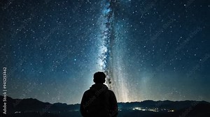 Video footage of person sitting and looking up at a starry night sky, milky Way is prominently visible