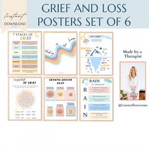 Grief and Loss posters set of 6, bereavement, death, coping skills, SEL
