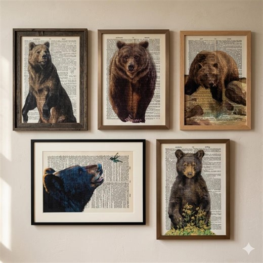 Brown Bear Prints on Vintage Dictionary Page, Set of 5 Forest Animal Wall Art, Rustic Cabin Decor, Wildlife Lover Gift, Unframed Art Set - Etsy
