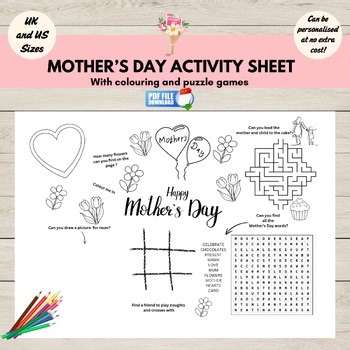 Mothers Day Activity Sheet, Coloring Page &Puzzle Placemat for Kids, PDF,