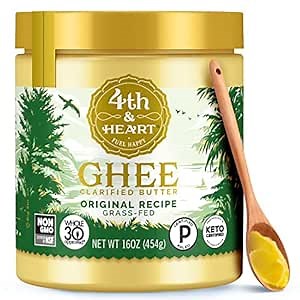4th & Heart Original Grass-Fed Ghee, Clarified Butter, 100% Butter Fat, Pasture-Raised, Lactose & Casein Free, High Smoke Point Cooking Oil, Keto & Paleo Friendly, 16 oz