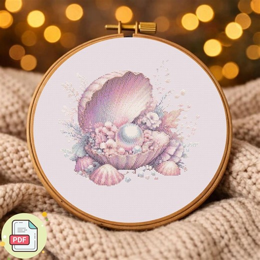 Seashell Pearl Cross Stitch Pattern, Coastal Ocean Floral Design, Beach Inspired Embroidery PDF, Romantic Pastel Sea Decor Art - Etsy