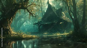 Amidst the stagnant waters and rotting vegetation of the swamp, the witchs hut stands as a beacon of magic and mystery, beckoning those who seek its dark powers. Fantasy animation