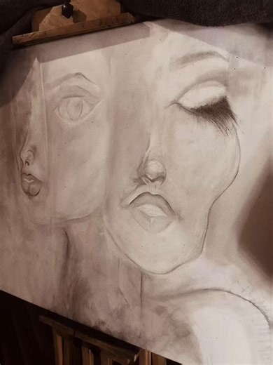 The Weight of Quiet 40 × 30 in | Charcoal on gessoed canvas —The Weight of Quiet is a 40 × 30 inch work in progress, executed entirely in charcoal on a gessoed canvas. The piece is unfolding through extended periods of stillness—hours accumulated late at night and into the early morning—allowing form and meaning to emerge gradually rather than be imposed. The composition centers on a dual presence, shaped through restraint, pressure, and subtle tonal shifts. Silence functions as both material an