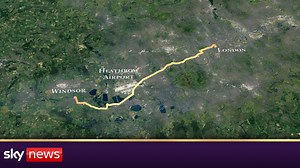 After the funeral service at Westminster Abbey, the Queen's coffin will travel to Windsor Castle for a private burial service. This 3D map shows the Queen's journey to her final resting place. Latest here: trib.al/pcpCI7i | Sky News