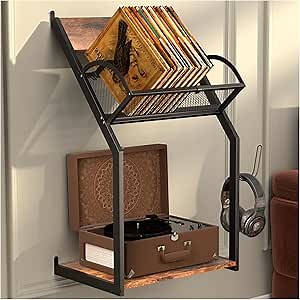 Vintage Ironwood Turntable Stand with Storage - Wall Mounted Record Player Table for Vinyl Records