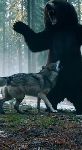 Grizzly Bear vs 2 Wolves 🐻🐺💥 Battle for Survival in the Wild! #Wildlife #AnimalBattle