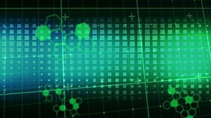 Animation of chemical structures and data processing squared shaped gradient design background. Medical research and science technology concept