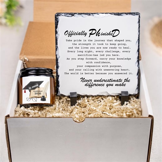 Personalized Phd Graduation Gift Box, Custom Doctorate Grad Gift Set, Slate Keepsake & Soy Candle, White Coat Ceremony Gift From Family - Etsy
