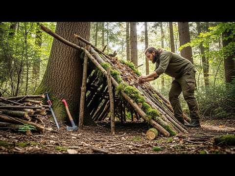 Building a Hidden Primitive Shelter in the Forest - Solo Bushcraft Survival Camp