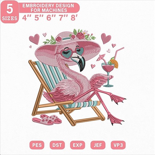 Flamingo Embroidery Design, Summer Vacation Flamingo With Cocktail, Cute Beach Flamingo Embroidery File, Funny Animal Stitch Design - Etsy