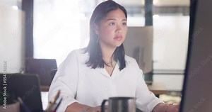 Woman, desktop and typing in business office for web design, seo manager or marketing research report. Kpi planning, Indian woman and graphic designer working on pc for website analytics or data