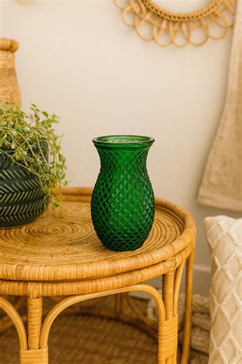 Vintage Emerald Green Hoosier Glass Vase: Diamond Cut, Wide Mouth - Etsy