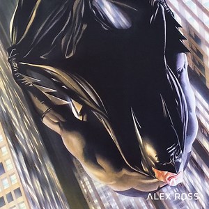 "This was one I conceived of him doing a full body dive. In fact, it was a revisitation of a sketch painting I did of the Batman Beyond character before. Now I was doing it as the Bruce Wayne Batman, launching like a missile." Join the waitlist for this 20x30 SDCC 2019 Canvas here: https://bit.ly/2G9OnCK | Alex Ross