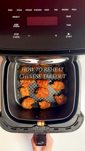 The BEST way to reheat leftover Chinese takeout 👇 1. For sweet & sour chicken and the like we recommend using the air fryer. Lightly spray an air fryer basket with non-stick spray. 2. Place just the chicken in a single layer in the air fryer. Cook at 375F for 5-7 minutes, adding any vegetables and shaking halfway through. 3. Enjoy that crispy exterior and hot, juicy chicken.