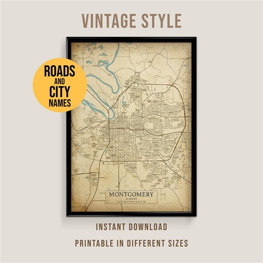 Montgomery Alabama Vintage Style Map, Printable Montgomery City Poster (instant Download) - Etsy