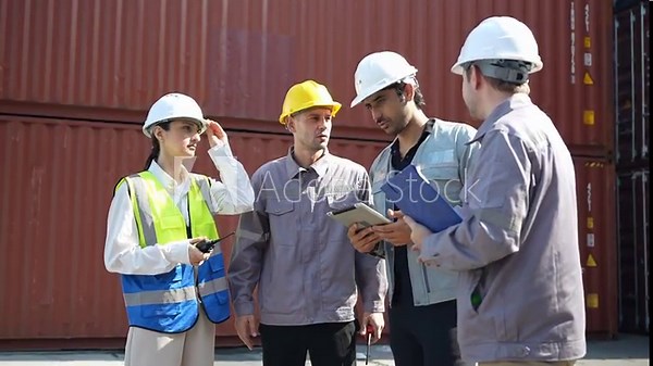 Logistics team meeting at container yard for shipping operations, Warehouse crew discussing cargo inspection and safety procedures, Shipping management team coordinating work at container terminal