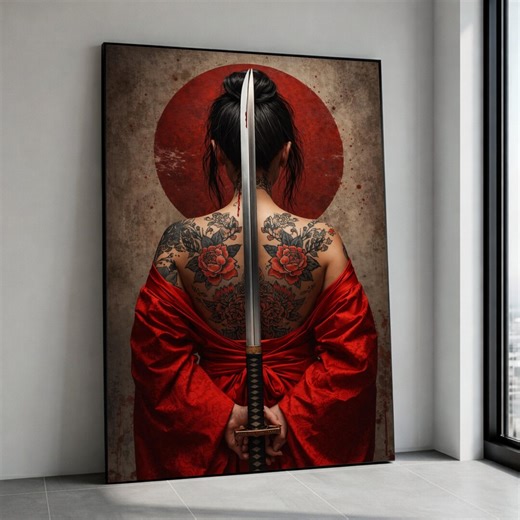 Samurai Woman Back Tattoo Canvas, Red Kimono Wall Art, Japanese Sword Illustration, Asian Culture Canvas, Modern Warrior Canvas Print Art - Etsy