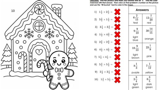 Digital Color by Number: Multiplying Mixed Numbers - Christmas Holiday