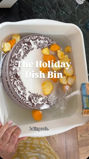 BABS on Instagram: "Control the kitchen chaos this Thanksgiving with my lifesaving tip for tackling the dishes. Perfect for whoever’s on KP duty (that’s Kitchen Patrol for us old-timers!). We like to call these “soak baskets,” and they’re a game changer. Just grab a regular dish bin and fill it with hot water, a few citrus peels, and a sprinkle of baking soda. I like to set up two: one for dishes and one for utensils - depending on the size of your party you may need a few . While we enjoy desse