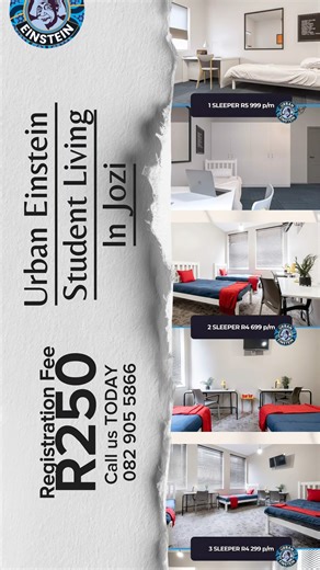 Urban Einstein Student Accommodation 🏙️✨ Safe, clean student accommodation in the heart of Johannesburg. Room Options (p/m): • 1 Sleeper – R5 999 • 2 Sleeper – R4 699 • 3 Sleeper – R4 299 • 4 Sleeper – R3 999 • 5 Sleeper – R3 699 • 6 Sleeper – R3 499 Registration fee: R250 ✅ Want to book a viewing or apply? DM US or Call: 082 905 5866 #UrbanEinstein #StudentAccommodation #JohannesburgCBD #StudentLiving #JoziLife #Accommodation #StudentHousing #GandhiSquare #Wits #UJ #CJC #Unisa | Urban Einstein