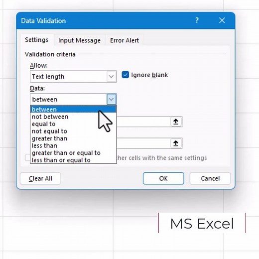 MS Excel Text Length Validation
