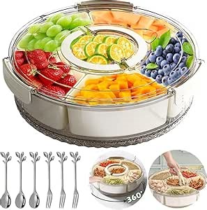 Rotating Snackle Box Container, Divided Fruit and Snack Tray with lid and Handle, Spinning Snack Container Veggie Platter for Parties, Picnics, Camping...