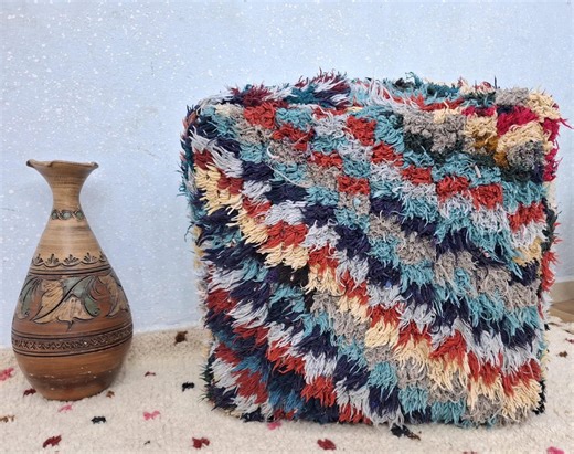 Handmade Moroccan Boucherouite Pouf – Colorful Checkered Berber Ottoman – Boho Home Decor - Etsy