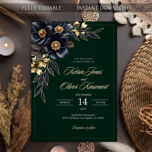 Emerald Green & Gold Elegant Wedding Invite, Elegant Dark Green and Black Gold Flowers Wedding Card, Luxury Gold Floral Wedding Invitation - Etsy
