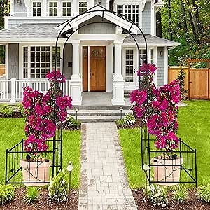 Metal Garden Arch with Two Plant Box Stands 79.5'' Wide x 86.6'' High Climbing Plants Support Rose Arch Outdoor Black